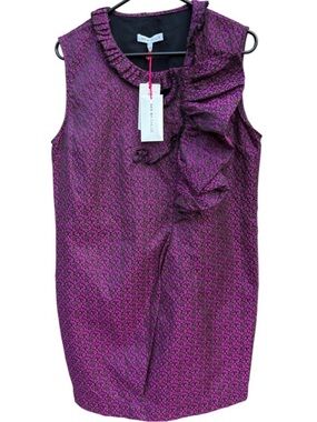 NWT SEE BY CHLOE Ruffled Zip Front Brocade Dress Purple Black Size 8